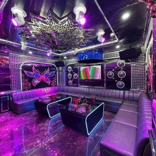 Phòng hát Karaoke Flamenco ánh đèn tím, đèn chùm gương trên trần, tranh bướm và sofa bọc da quanh bàn