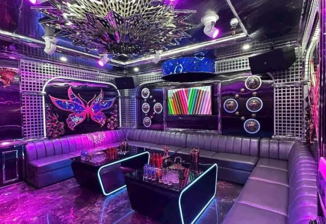 Phòng hát Karaoke Flamenco ánh đèn tím, đèn chùm gương trên trần, tranh bướm và sofa bọc da quanh bàn